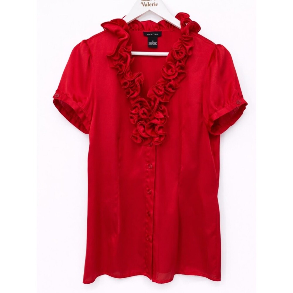 Spense Red Satin Blouse Rosette Size Medium Y2k Style Button Up Business